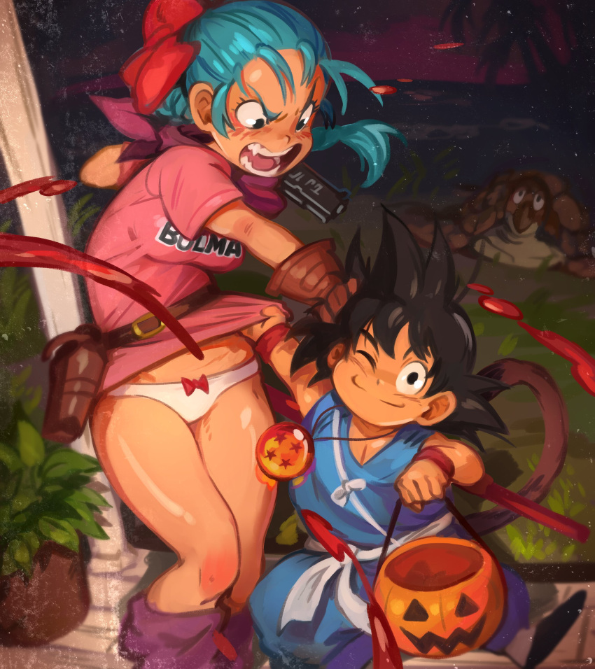 1boy 1girl ;) absurdres angry black_hair blue_hair blush bow bow_panties bulma character_name closed_mouth clothes_lift clothes_writing commentary dougi dragon_ball dragon_ball_(classic) dragon_ball_(object) english_commentary halloween highres khyle. lifted_by_another looking_at_another looking_at_viewer nyoibo one_eye_closed open_mouth panties skirt skirt_lift smile son_goku spiked_hair teeth thighs turtle umigame_(dragon_ball) underwear white_panties