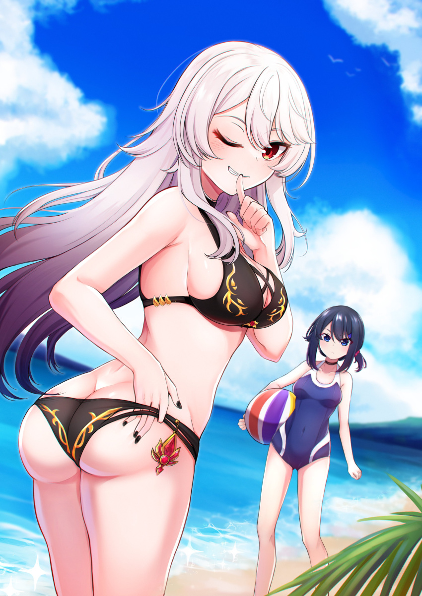 2girls absurdres armpit_crease artist_self-insert ass atari_(ariq323) atari_refanada ball beach bikini bird black_hair black_nails black_swimsuit blue_eyes blue_swimsuit breasts butt_crack casual_one-piece_swimsuit cleavage clenched_hand cloud commentary covered_navel english_commentary eyebrows_visible_through_hair finger_to_mouth gold grin hair_ornament hand_under_clothes hand_under_swimsuit highres holding holding_ball indie_virtual_youtuber large_breasts long_hair looking_at_viewer medium_hair mizuz mountain multiple_girls ocean one-piece_swimsuit one_eye_closed palm_tree red_eyes sand seagull serious sideboob sky smile swimsuit tree virtual_youtuber water white_hair