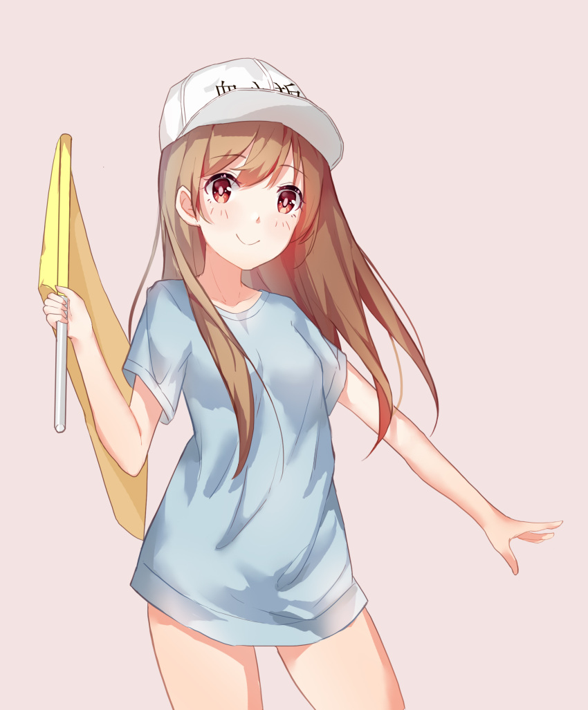 1girl absurdres ahu_hu aqua_shirt bangs baseball_cap blush brown_hair child closed_mouth collarbone commentary cowboy_shot crossed_bangs eyebrows_visible_through_hair flag hand_up hat hataraku_saibou highres holding holding_flag long_hair long_shirt looking_at_viewer pink_background platelet_(hataraku_saibou) red_eyes shirt short_sleeves smile solo white_headwear