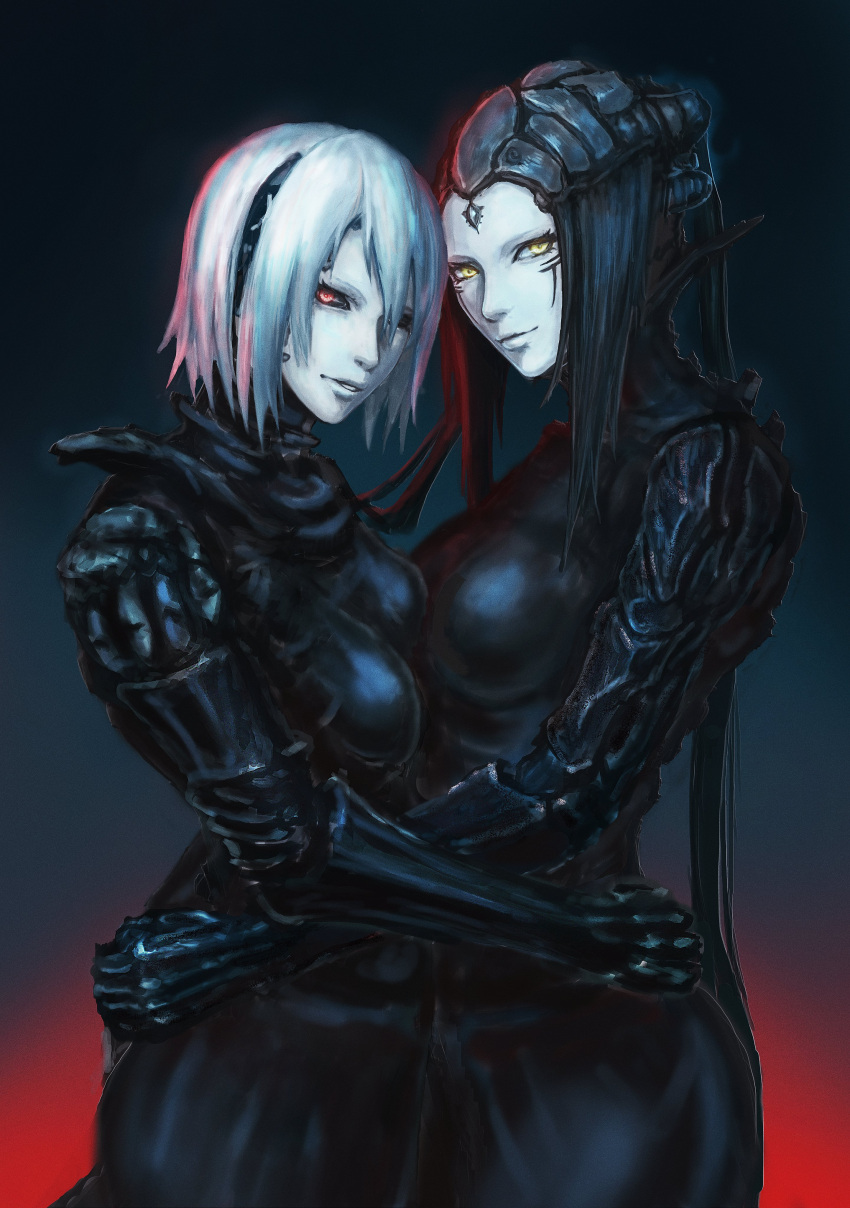 2girls absurdres auto black_hair blame! breasts closed_mouth cyberpunk facial_mark highres hug long_hair looking_at_viewer medium_breasts multiple_girls pale_skin pcell silicon_creature simple_background smile