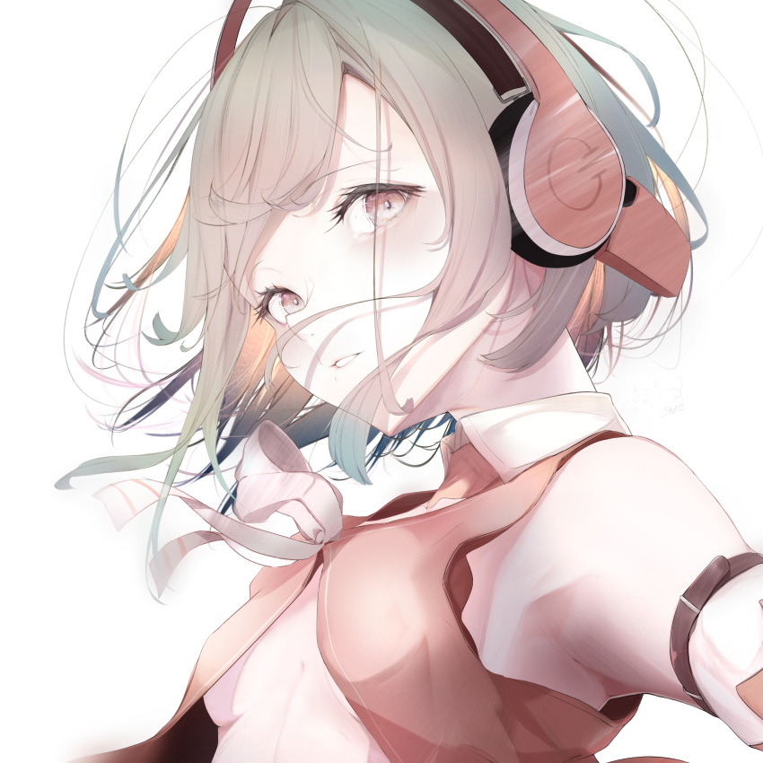 1girl absurdres arm_belt armpit_peek bangs bare_shoulders breasts brown_hair brown_vest chunithm collarbone commentary_request headphones highres kisaragi_yaya light_smile looking_at_viewer open_clothes open_vest parted_lips partial_commentary pink_eyes ribbon short_hair sideways_glance simple_background sky_feather small_breasts solo translucent_hair upper_body vest white_background white_ribbon wing_collar