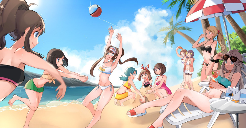 6+girls adapted_costume adjusting_eyewear arm_up arms_up ball bangs bare_arms barefoot beach beach_umbrella beachball bikini black_bikini blonde_hair blue_eyes bow_hairband brown_hair closed_mouth cloud commentary dawn_(pokemon) day dress floating_hair gloria_(pokemon) green_hair hairband hand_up highres hilda_(pokemon) holding kris_(pokemon) leaf_(pokemon) long_hair lyra_(pokemon) may_(pokemon) multiple_girls navel outdoors palm_tree poke_ball_print pokemon pokemon_(creature) pokemon_(game) pokemon_bw pokemon_bw2 pokemon_dppt pokemon_frlg pokemon_gsc pokemon_hgss pokemon_oras pokemon_sm pokemon_swsh pokemon_xy ponytail pyukumuku ririmon rosa_(pokemon) rotom rotom_phone sand sand_castle sand_sculpture selene_(pokemon) serena_(pokemon) shore short_hair side-tie_bikini sidelocks sky smile sunglasses swimsuit symbol-only_commentary table tied_hair toes tree twintails umbrella visor_cap water white_bikini white_swimsuit wingull