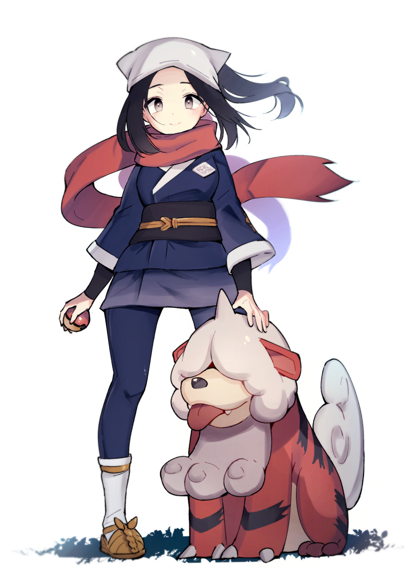 1girl akari_(pokemon) black_hair black_undershirt blush closed_mouth eyelashes floating_hair floating_scarf grey_eyes head_scarf highres hisuian_growlithe holding holding_poke_ball jacket long_hair looking_at_viewer miya9 pants poke_ball poke_ball_(legends) pokemon pokemon_(creature) pokemon_(game) pokemon_legends:_arceus ponytail red_scarf sash scarf shoes sidelocks smile socks standing undershirt white_headwear white_legwear