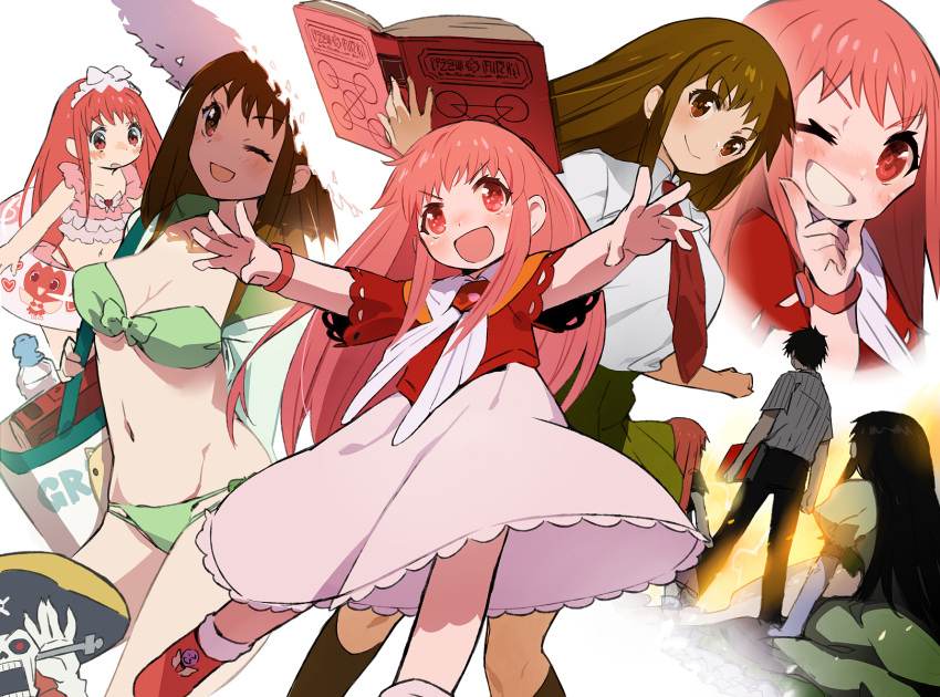 2girls arms_up bag bangs bare_legs book breasts brown_eyes brown_hair cleavage commentary_request dress gabu_(az210309) gash_bell green_dress hat highres konjiki_no_gash!! large_breasts long_hair multiple_girls navel necktie one_eye_closed open_mouth oumi_megumi pink_eyes pink_hair red_necktie smile stomach sun_hat swimsuit takamine_kiyomaro tio_(konjiki_no_gash!!)