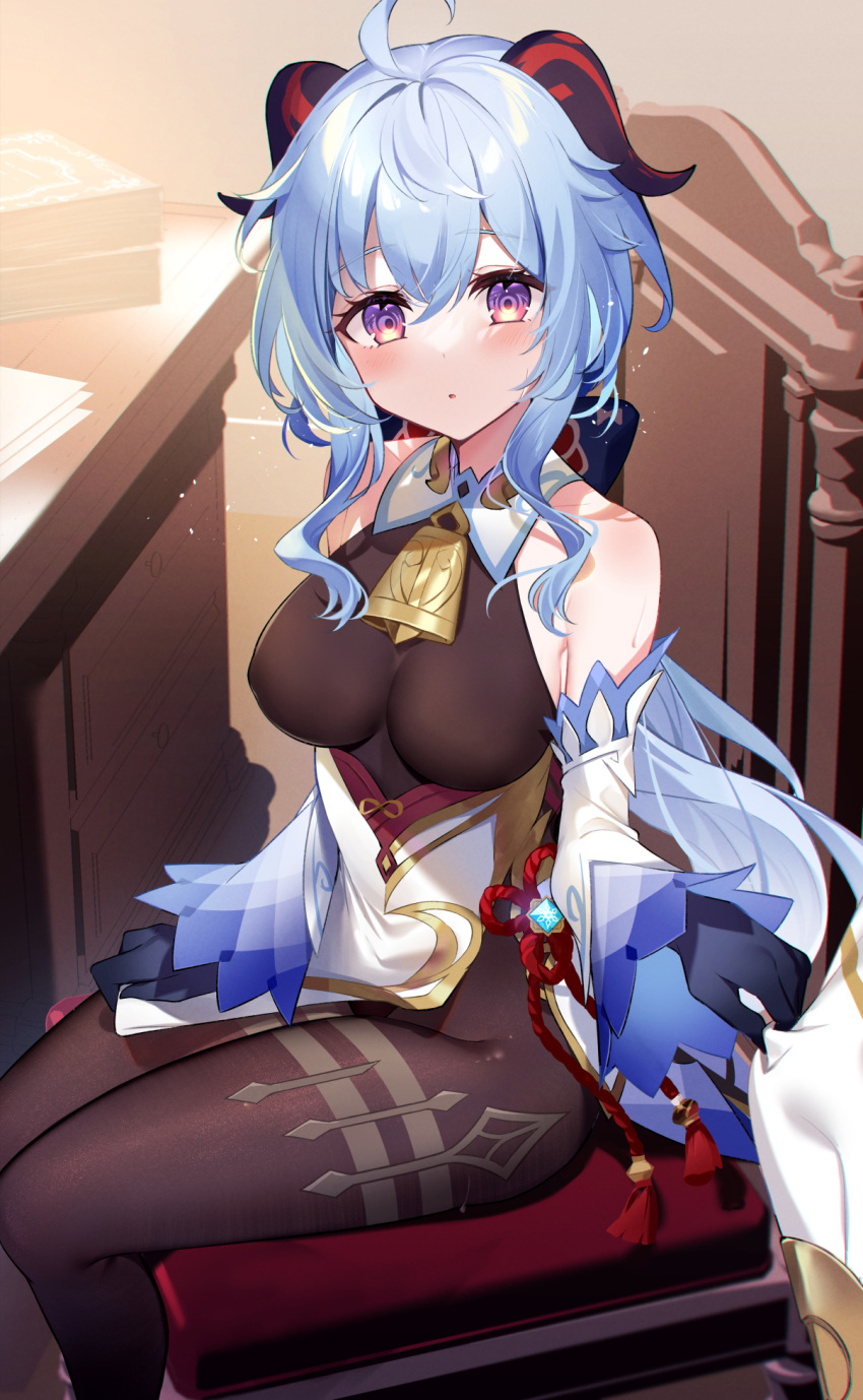 1girl ahoge bangs bare_shoulders bell black_gloves blue_hair breasts chair chinese_knot clothes_tug commentary_request curled_horns detached_sleeves ganyu_(genshin_impact) genshin_impact gloves gold_trim highres horns kisaragi_yuri long_hair looking_at_viewer medium_breasts multicolored_eyes neck_bell out_of_frame paper sidelocks sitting solo_focus table tassel thighlet vision_(genshin_impact) white_sleeves