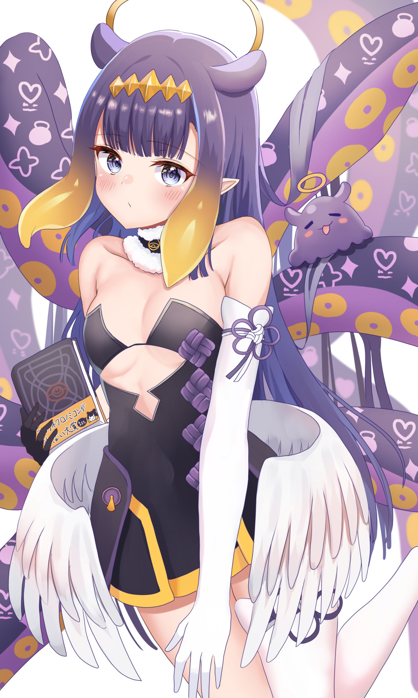 1girl absurdres alternate_breast_size ao-chan_(ninomae_ina'nis) asymmetrical_gloves bangs bare_shoulders black_dress black_gloves black_ribbon blunt_bangs blush breasts cleavage cowboy_shot cutout_above_navel dress fur-trimmed_collar fur_collar gloves gradient_hair halo highres hololive hololive_english leg_up long_hair looking_at_viewer low_wings multicolored_hair neck_ribbon ninomae_ina'nis onabe_no_shime orange_hair pinafore_dress pleated_dress pointy_ears pouty_lips purple_eyes purple_hair ribbon short_dress sidelocks single_thighhigh solo strapless strapless_dress tako_(ninomae_ina'nis) tentacle_hair tentacles thighhighs tube_dress underboob uneven_gloves very_long_hair virtual_youtuber white_legwear wings