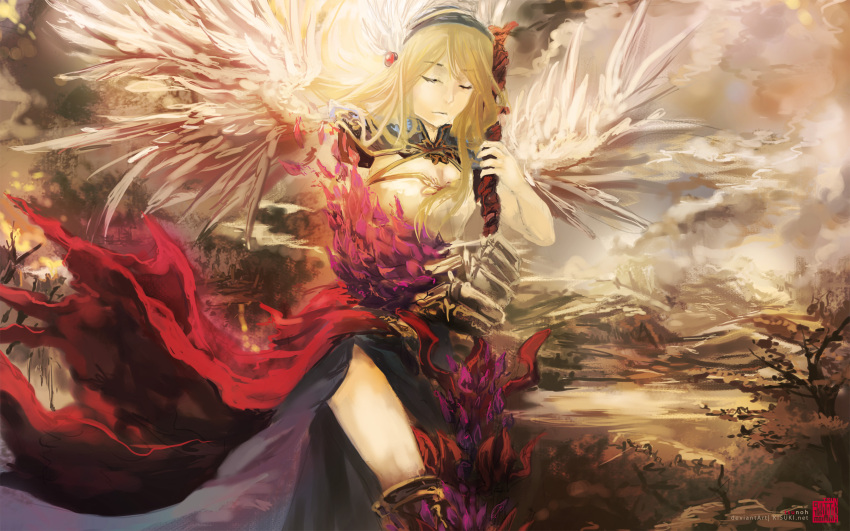 1girl angel_wings armor armored_boots black_skirt blonde_hair boots breasts cape claws cleavage closed_eyes closed_mouth commentary english_commentary feathered_wings fire foot_out_of_frame gauntlets head_wings highres holding long_hair medium_breasts pauldrons ragnarok_online red_cape shoulder_armor signature skirt solo tree tsunoh valkyrie valkyrie_randgris waist_cape white_wings wings