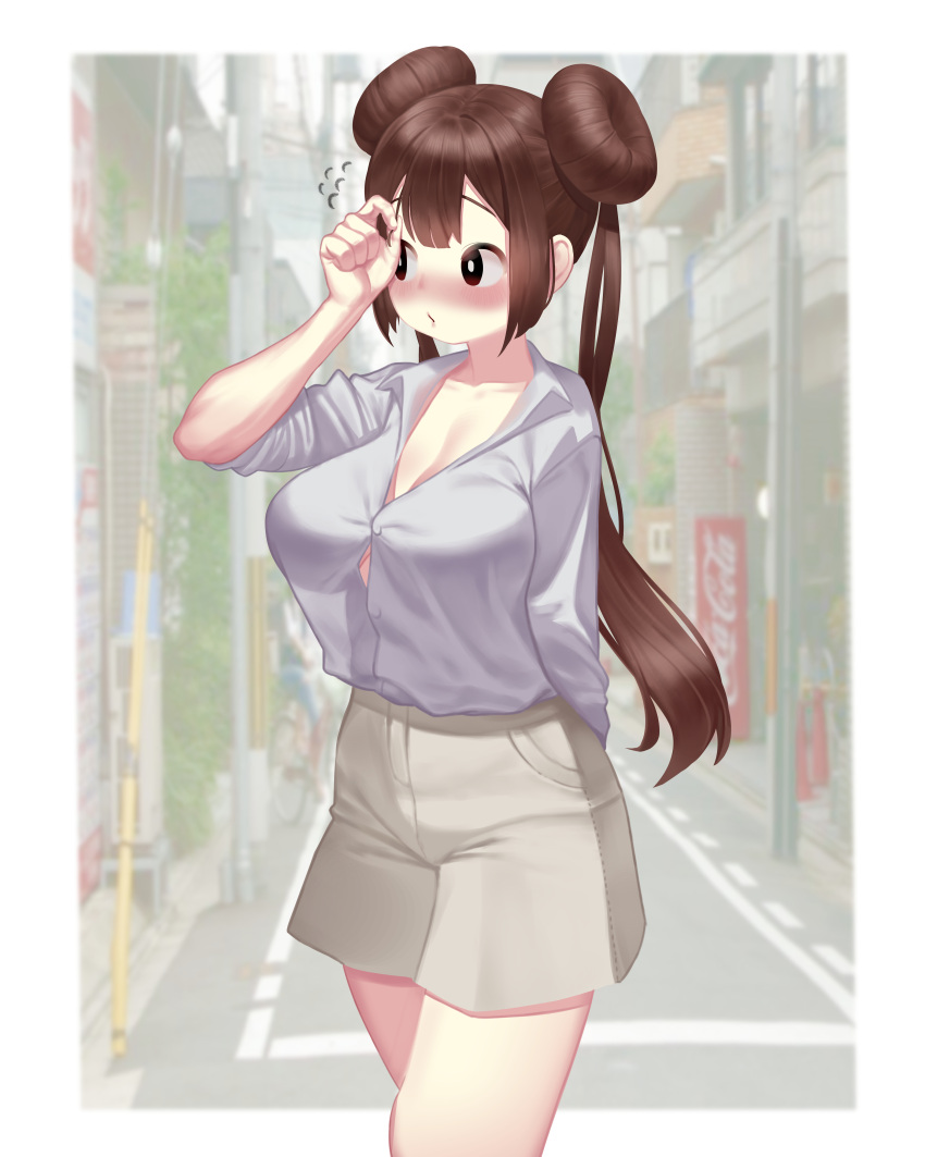 1girl absurdres alternate_costume arm_behind_back bangs beige_shorts blush breasts brown_eyes brown_hair button_gap commentary_request day double_bun dress_shirt flying_sweatdrops highres korean_commentary large_breasts long_hair looking_to_the_side nose_blush outdoors pokemon pokemon_(game) pokemon_bw2 road rosa_(pokemon) see-through_silhouette shirt shorts solo street twintails vuhh2574 white_shirt