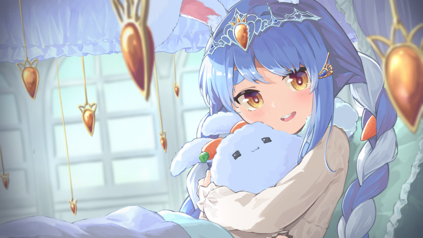 1girl :d =_= animal_ear_fluff animal_ears blue_hair blurry blurry_background braid brown_eyes bunny-shaped_pupils closed_eyes commentary_request depth_of_field don-chan_(usada_pekora) eyebrows_behind_hair frilled_pillow frills highres hololive hug indoors long_sleeves looking_at_viewer low_twintails multicolored_hair nano_(mianhua_maoqiu) nousagi_(usada_pekora) open_mouth pillow rabbit_ears shirt short_eyebrows smile symbol-shaped_pupils thick_eyebrows tiara twin_braids twintails two-tone_hair under_covers usada_pekora virtual_youtuber white_hair white_shirt