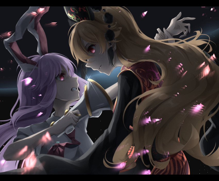2girls animal_ears bangs black_sleeves chinese_clothes clenched_teeth english_commentary eyebrows_visible_through_hair finger_on_trigger hair_between_eyes highres holding_another's_arm junko_(touhou) light_purple_hair light_smile long_hair long_sleeves looking_at_another lunatic_gun multiple_girls necktie orange_hair otomeza_ryuseigun phoenix_crown rabbit_ears red_eyes red_necktie reisen_udongein_inaba serious shirt short_sleeves simple_background sparkle tassel teeth touhou v-shaped_eyebrows white_background white_shirt wide_sleeves