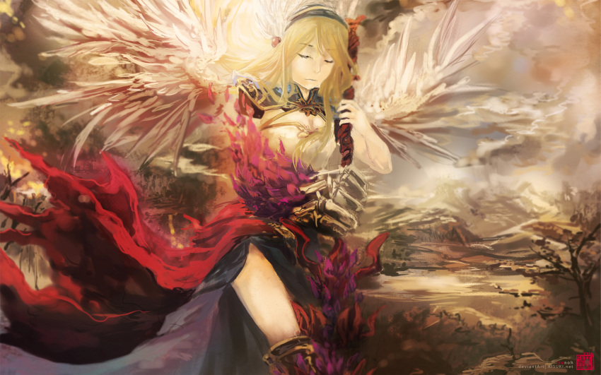 1girl angel_wings armor armored_boots black_skirt blonde_hair boots breasts cape claws cleavage closed_eyes closed_mouth commentary english_commentary feathered_wings fire foot_out_of_frame gauntlets head_wings highres holding long_hair medium_breasts pauldrons ragnarok_online red_cape revision shoulder_armor signature skirt solo tree tsunoh valkyrie valkyrie_randgris waist_cape white_wings wings