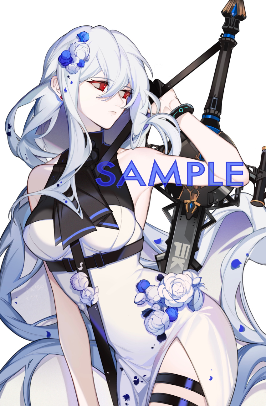 1girl absurdres adapted_costume arknights ascot black_ascot black_wristband blue_flower china_dress chinese_clothes chinese_commentary commentary_request cowboy_shot dress ear_piercing flower grey_hair hair_flower hair_ornament highres holding holding_sword holding_weapon infection_monitor_(arknights) lingwu409 long_hair looking_to_the_side piercing red_eyes sample simple_background skadi_(arknights) sleeveless sleeveless_dress solo sword thigh_strap very_long_hair weapon white_background white_dress white_flower