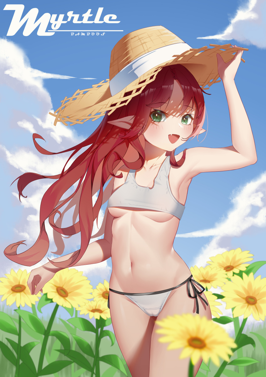 1girl :d absurdres arknights arm_up armpits bangs bare_shoulders bikini bikini_under_clothes blue_sky blush breasts character_name chinese_commentary collarbone commentary_request cowboy_shot day eyebrows_visible_through_hair fang flower green_eyes hand_on_headwear hat highres liu_zhu long_hair myrtle_(arknights) open_mouth outdoors pointy_ears red_hair side-tie_bikini skin_fang sky small_breasts smile solo straw_hat swimsuit underboob very_long_hair white_bikini yellow_flower yellow_headwear