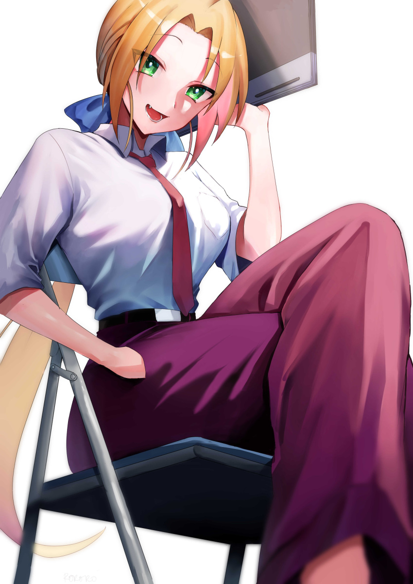 1girl absurdres bangs belt blue_bow bow breasts brown_hair chair eyebrows_visible_through_hair eyes_visible_through_hair green_eyes hand_in_pocket highres holding kuroi_nanako long_hair looking_at_viewer lucky_star memero_7272 necktie open_mouth pink_legwear ponytail red_necktie shirt simple_background sitting solo uniform very_long_hair white_background white_shirt