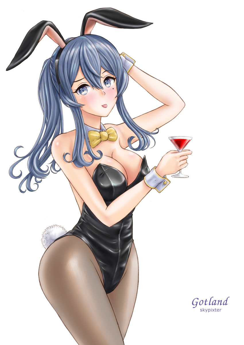 1girl absurdres alternate_costume animal_ears black_leotard blue_eyes blue_hair bow bowtie breasts cocktail_glass commentary_request cup detached_collar drinking_glass fake_animal_ears fake_tail gotland_(kancolle) highleg highleg_leotard highres holding holding_cup kantai_collection leotard long_hair medium_breasts mole mole_under_eye pantyhose playboy_bunny ponytail rabbit_ears rabbit_tail sidelocks skypixter solo strapless strapless_leotard tail wrist_cuffs yellow_bow yellow_bowtie