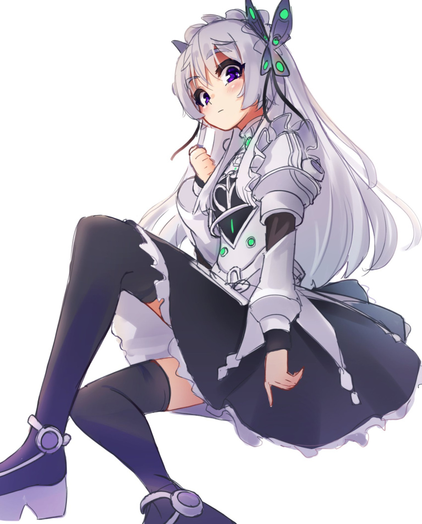 1girl armor bangs black_dress black_footwear boots butterfly_hair_ornament chaika_trabant commentary dress eximmetry hair_ornament highres hitsugi_no_chaika juliet_sleeves long_hair long_sleeves looking_at_viewer maid_headdress platform_footwear puffy_sleeves purple_eyes shoulder_armor sitting solo thigh_boots thighhighs white_hair