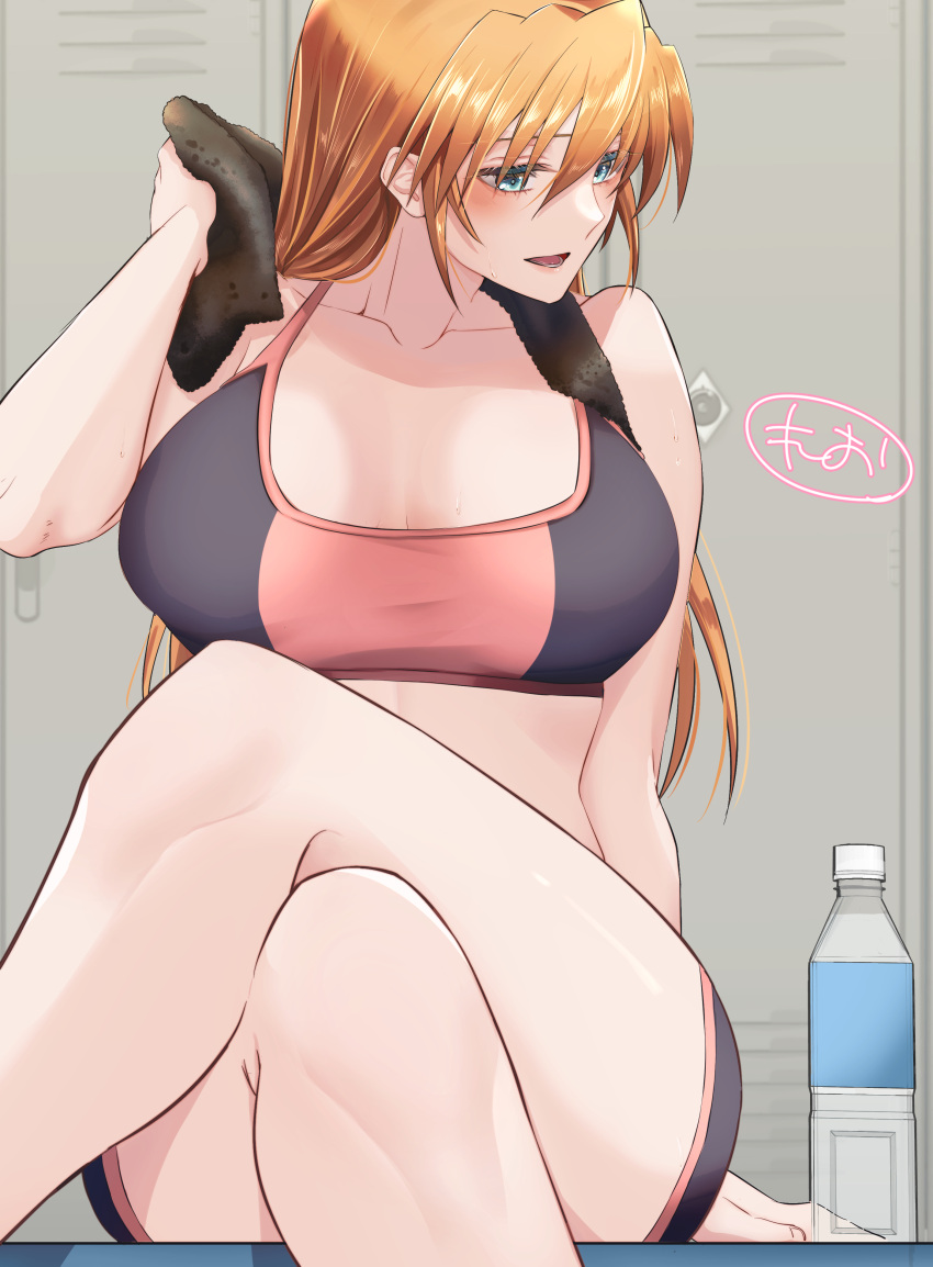 1girl absurdres blue_eyes blush bottle bra breasts cleavage collarbone commentary_request gym_shorts highres large_breasts leonis_g long_hair looking_to_the_side lyrical_nanoha mahou_shoujo_lyrical_nanoha_strikers open_mouth orange_hair shiny shiny_hair shorts sitting solo sports_bra teana_lanster underwear
