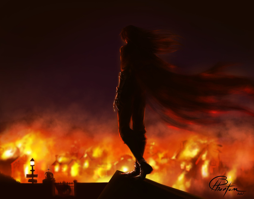 1boy absurdres black_hair cloak fence final_fantasy final_fantasy_vii fire gauntlets highres lamppost long_hair looking_afar phantomyre pointed_footwear smoke torn_clothes village vincent_valentine wind