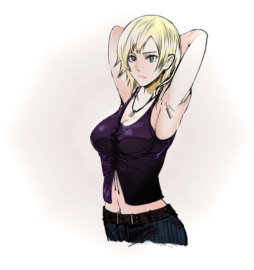 1girl armpits arms_behind_head arms_up aya_brea belt blonde_hair blue_eyes breasts closed_mouth commentary denim highres innospirit jeans jewelry navel necklace pants parasite_eve parasite_eve_the_3rd_birthday short_hair simple_background solo white_background