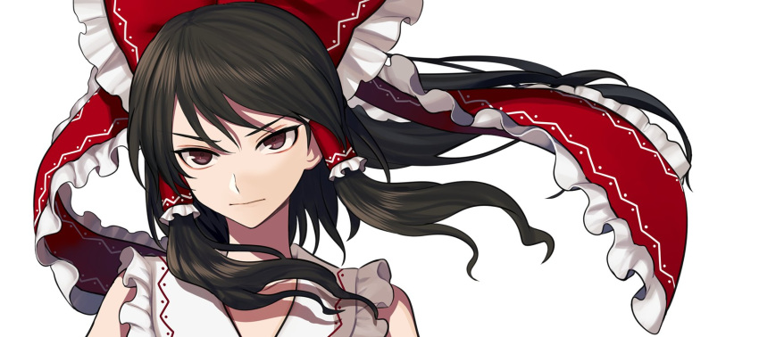 1girl bangs banned_artist bare_shoulders black_hair bow brown_eyes closed_mouth collar eyebrows_visible_through_hair hair_between_eyes hair_ornament hair_tubes hakurei_reimu harano highres looking_at_viewer looking_away red_bow short_hair simple_background sleeveless solo touhou upper_body white_background