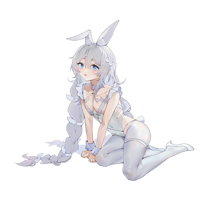 1girl absurdres ajune9 animal_ears azur_lane bare_shoulders blue_eyes braid collarbone commentary covered_navel eyebrows_visible_through_hair fake_animal_ears fake_tail flat_chest full_body hair_between_eyes hairband high_heels highres le_malin_(azur_lane) le_malin_(listless_lapin)_(azur_lane) leotard long_hair looking_at_viewer official_alternate_costume open_mouth rabbit_ears rabbit_tail silver_hair simple_background sitting solo tail thigh_strap twin_braids very_long_hair white_background white_footwear white_hairband white_legwear white_leotard wrist_cuffs yokozuwari