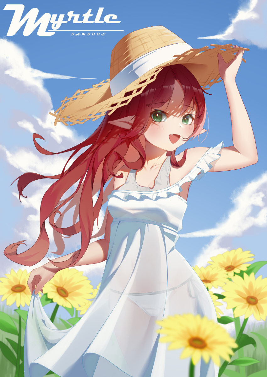 1girl :d absurdres alternate_costume arknights arm_up bangs bare_shoulders bikini bikini_under_clothes blue_sky blush breasts character_name chinese_commentary collarbone commentary_request cowboy_shot day dress eyebrows_visible_through_hair fang flower frilled_dress frills green_eyes hand_on_headwear hat highres liu_zhu long_hair myrtle_(arknights) off-shoulder_dress off_shoulder open_mouth outdoors pointy_ears red_hair see-through side-tie_bikini skin_fang sky small_breasts smile solo straw_hat swimsuit very_long_hair white_bikini white_dress yellow_flower yellow_headwear