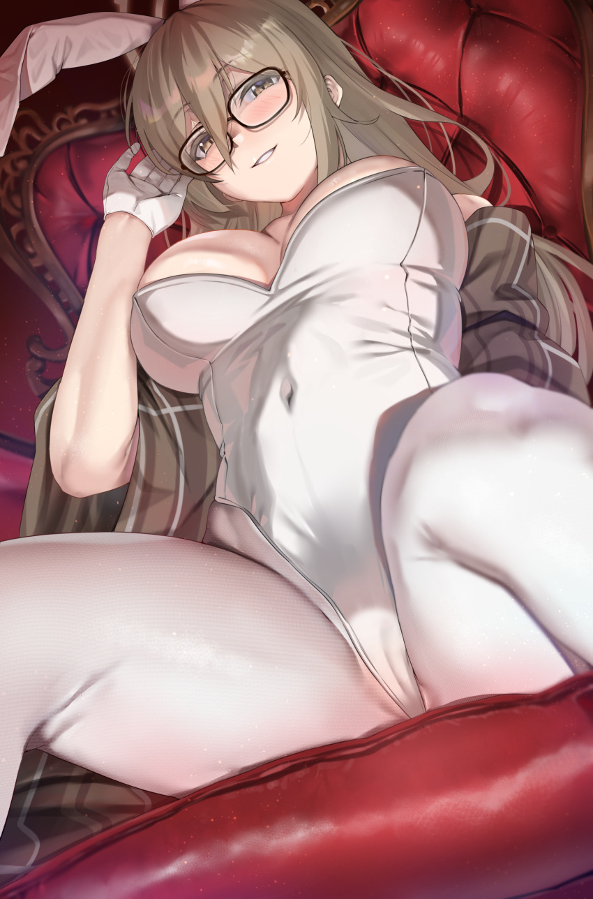1girl absurdres adjusting_hair akane_(blue_archive) animal_ears bangs blue_archive blush breasts brown_eyes brown_hair cleavage commentary_request couch glasses gloves highres large_breasts leotard looking_at_viewer navel pantyhose playboy_bunny rabbit_ears ramanda seductive_smile sitting skindentation smile solo spread_legs white_gloves white_legwear white_leotard