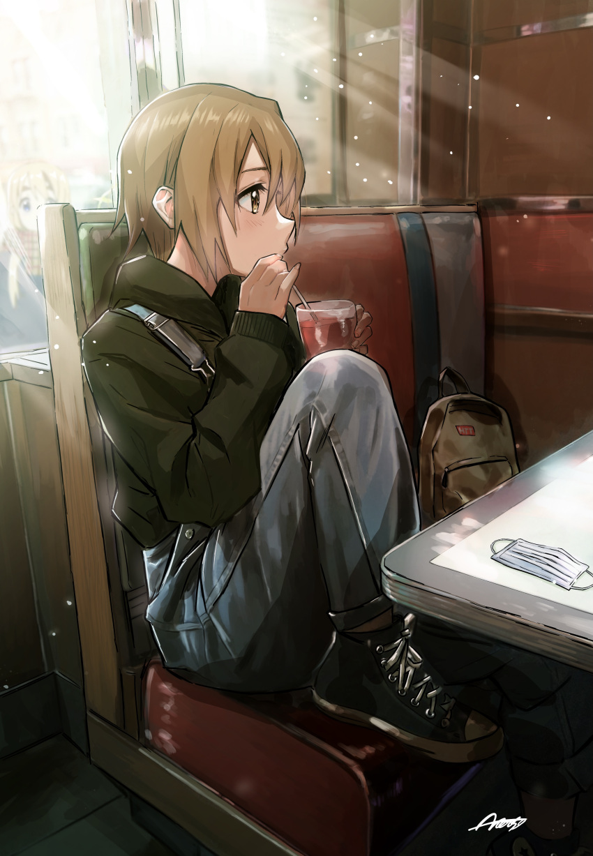 2girls absurdres backpack bag brown_hair casual cup denim drinking_glass drinking_straw highres jeans k-on! kotobuki_tsumugi light_particles mask mouth_mask multiple_girls no_hairband pants profile restaurant shoes short_hair sitting sneakers solo_focus tainaka_ritsu verse window