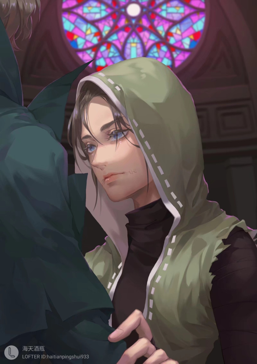 blue_eyes brown_hair church couple green_hoodie haitianpingshui933 highres holding_hands hood hoodie identity_v indoors jack_(identity_v) lofter_username looking_at_another naib_subedar realistic stained_glass stitched_mouth stitches torn_clothes upper_body