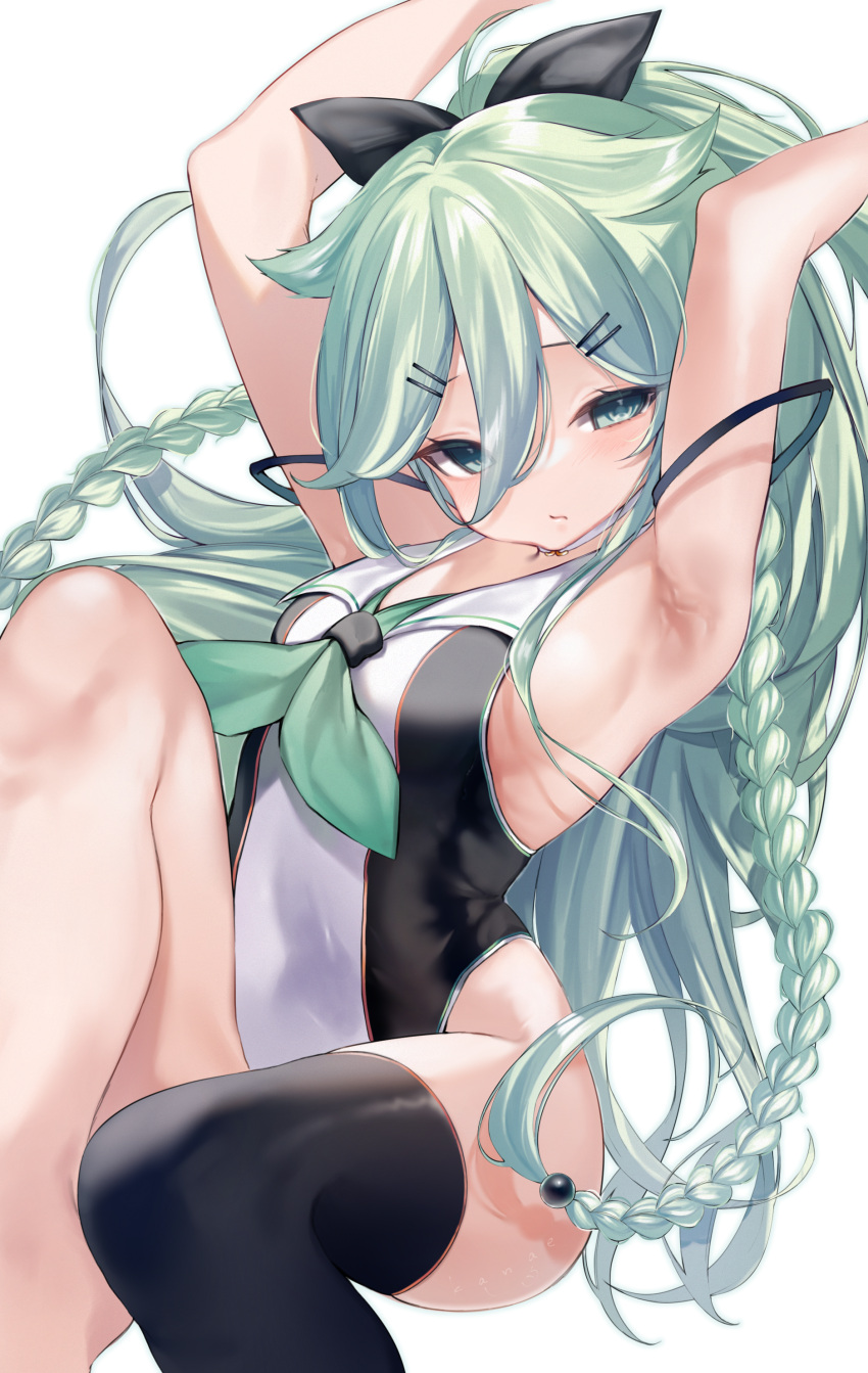 1girl absurdres armpits arms_up bangs black_hair black_legwear bow braid breasts closed_mouth green_eyes green_hair hair_between_eyes hair_bow hair_flaps hair_ornament hairclip highres invisible_chair kanae_(inorin05kanae) kantai_collection long_hair one-piece_swimsuit ponytail remodel_(kantai_collection) side_braids simple_background single_thighhigh sitting small_breasts solo swimsuit thighhighs yamakaze_(kancolle) yamakaze_kai_ni_(kancolle)