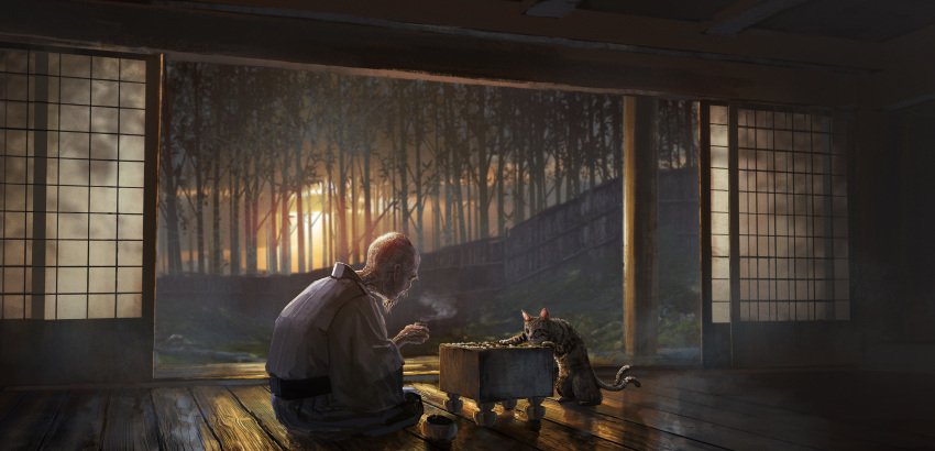 1boy absurdres animal bald bamboo beard board_game cat cloud commentary_request couldoh cup facial_hair fence garden go_(board_game) highres holding holding_cup indoors japanese_clothes kimono multiple_tails nekomata obi old old_man original playing_games sash scenery shouji sitting sliding_doors sunset tail two_tails wooden_floor youkai