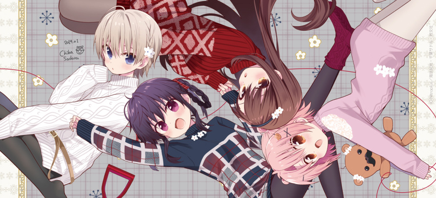 4girls :/ :d :o ahoge alternate_hairstyle arm_up artist_logo artist_name bangs bear_hair_ornament belt belt_buckle black_hairband black_legwear blue_eyes blue_sweater blush braid brown_belt brown_eyes buckle cable_knit chiba_sadoru clenched_hands closed_mouth copyright curled_fingers dated dot_nose ebisuzawa_kurumi expressionless fang fingernails floating_hair flower foot_out_of_frame french_braid from_side gakkou_gurashi! grey_background hair_between_eyes hair_flower hair_intakes hair_ornament hair_ribbon hair_rings hairband hairclip hand_up hatching_(texture) high_collar knee_up lace leg_up light_brown_eyes linear_hatching long_hair long_sleeves looking_at_viewer looking_to_the_side lying mole mole_under_eye multiple_girls naoki_miki no_shoes official_art on_back open_mouth outstretched_arms pantyhose parted_bangs parted_hair parted_lips pink_hair pink_sweater plaid plaid_background plaid_ribbon platinum_blonde_hair pocket print_sweater purple_eyes purple_hair red_legwear red_ribbon red_sweater ribbed_sweater ribbon short_hair sidelocks signature sitting sleeves_past_fingers sleeves_past_wrists smile socks_over_pantyhose string stuffed_animal stuffed_toy sweater takeya_yuki teddy_bear teeth tights_day turtleneck turtleneck_sweater twin_braids two_side_up upside-down very_long_hair wakasa_yuuri wariza white_flower white_legwear white_sweater x_hair_ornament