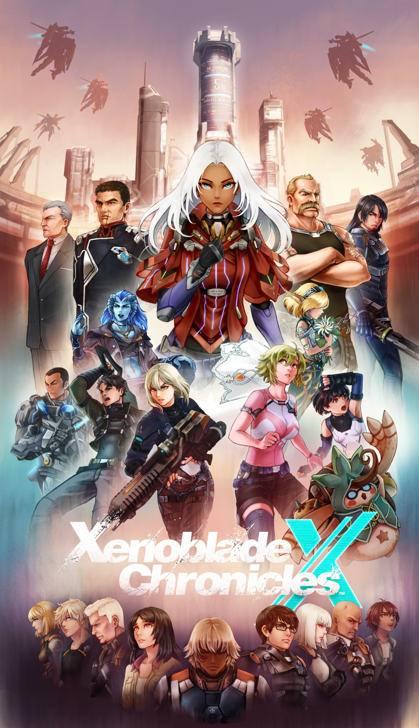 6+boys 6+girls absurdres alexa_(xenoblade_x) assault_rifle bald black_hair blonde_hair blue_skin boze_lowes breasts brown_hair celica_(xenoblade_x) city colored_skin commission cross_(xenoblade_x) crossed_arms doug_barrett elma_(xenoblade_x) energy_sword flower formal frye_christoph glasses gun gwin_evans h.b._(xenoblade_x) highres holding holding_weapon hope_alanzi irina_akulov l'cirufe lao_huang large_breasts lilithcosa lin_lee_koo logo maurice_chausson mecha mia_(xenoblade_x) multiple_boys multiple_girls murderess_(xenoblade_x) nagi_kentarou nopon outdoors phog_christoph rifle scar scar_on_face scar_on_mouth short_hair skell_(xenoblade_x) small_breasts suit sword tatsu_(xenoblade_x) tower twilight vandham_(xenoblade_x) weapon white_hair xenoblade_chronicles_(series) xenoblade_chronicles_x yelv