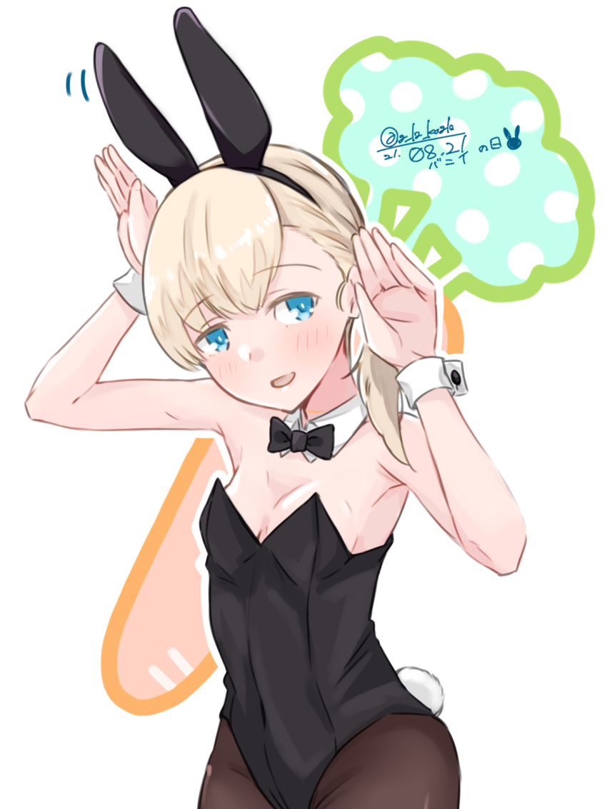 1girl alakoala animal_ears bangs black_bow black_bowtie black_legwear black_leotard blonde_hair blue_eyes blunt_bangs bow bowtie bunny_day bunny_pose commentary_request cowboy_shot detached_collar hair_over_shoulder highres kantai_collection leotard long_hair looking_at_viewer pantyhose playboy_bunny rabbit_ears rabbit_tail shin'you_(kancolle) solo strapless strapless_leotard tail white_background wrist_cuffs