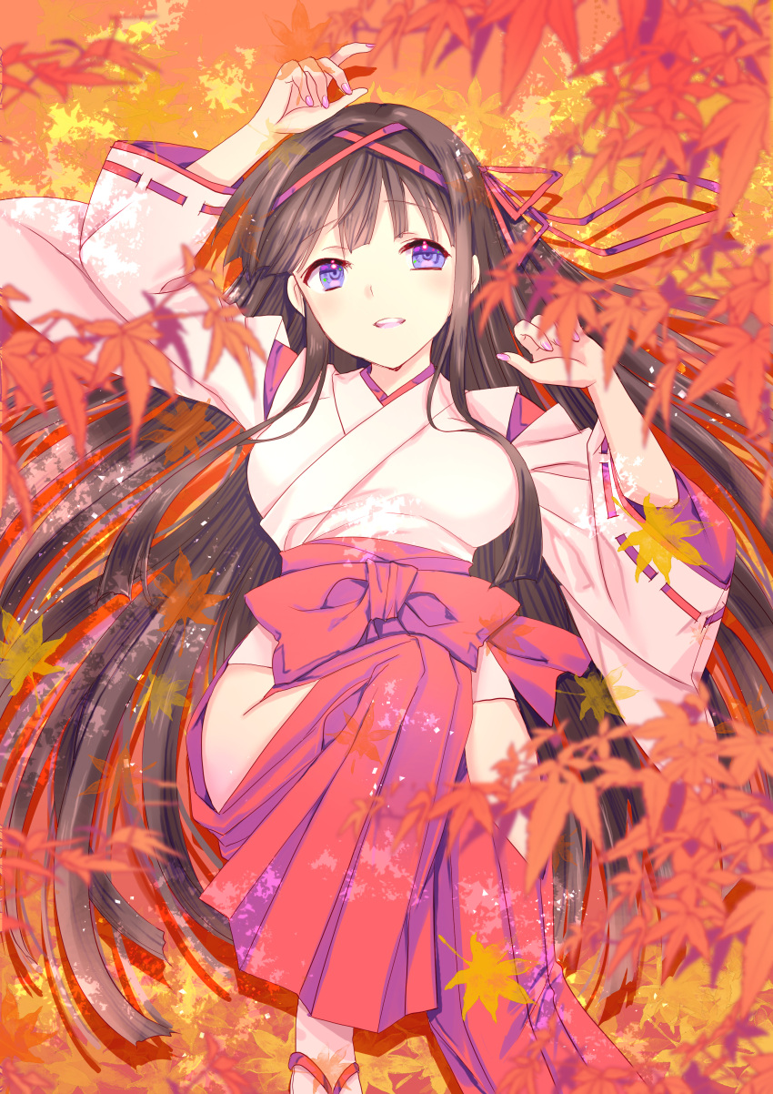 1girl absurdres autumn_leaves bangs black_hair blue_eyes blunt_bangs breasts hair_ribbon highres japanese_clothes leaf long_hair long_skirt lying maple_leaf medium_breasts miko nanase_aoi on_back open_mouth original pleated_skirt red_ribbon ribbon side_slit skirt slippers solo tabi