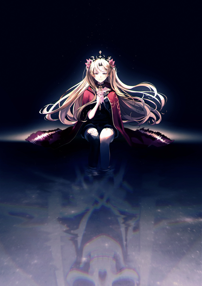 1girl absurdres asymmetrical_legwear asymmetrical_sleeves bangs black_dress black_nails blonde_hair bone bow cape closed_mouth collarbone commentary_request detached_collar different_reflection dress ereshkigal_(fate) fate/grand_order fate_(series) fingernails hair_bow hair_ornament hana_arare highres hood hood_down hooded_cape long_hair own_hands_together parted_bangs partially_submerged red_bow red_cape red_eyes reflection reflective_water sitting skeleton smile solo spine tiara two_side_up uneven_legwear uneven_sleeves very_long_hair water