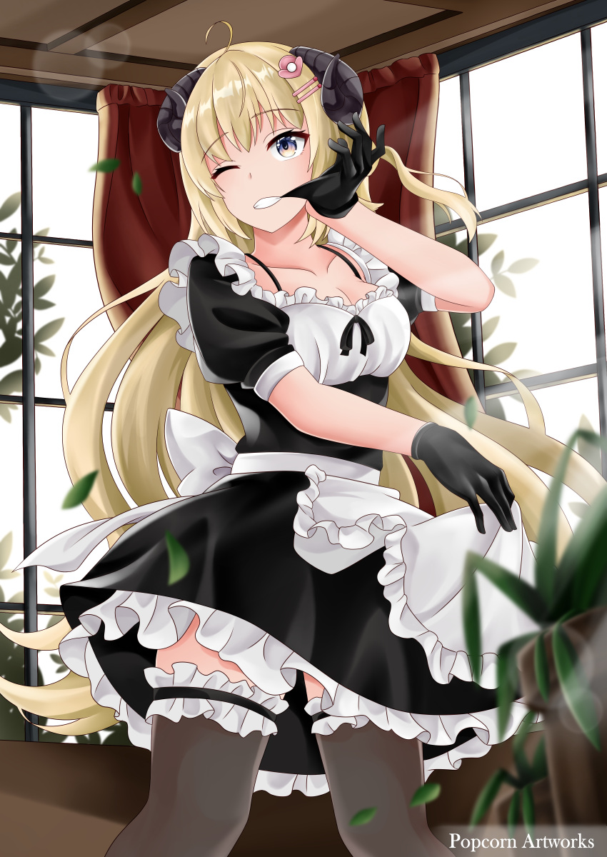 1girl ;d absurdres adjusting_clothes adjusting_gloves ahoge alternate_costume apron apron_lift bangs black_gloves black_legwear blurry breasts cleavage collarbone commentary curtains depth_of_field english_commentary enmaided eyebrows_visible_through_hair frills gloves grey_eyes hair_ornament hairclip highres hololive horns lifted_by_self light_brown_hair long_hair looking_at_viewer maid maid_apron mouth_hold one_eye_closed open_mouth plant popcornflakes potted_plant sheep_horns short_sleeves sidelocks smile solo thighhighs tsunomaki_watame virtual_youtuber window
