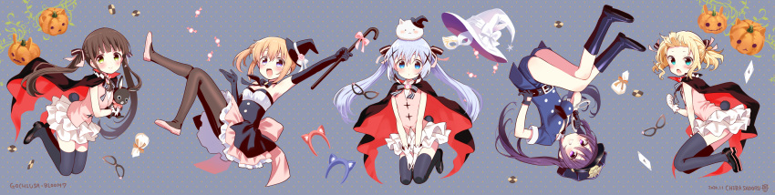 ._. 5girls :3 :d :o absurdres alternate_hairstyle animal animal_ears animal_on_head anko_(gochiusa) aqua_eyes argyle arm_up armpits artist_logo back_bow bangs bare_arms bare_shoulders belt belt_buckle between_legs black_belt black_bow black_cape black_footwear black_gloves black_headwear black_legwear black_neckwear blonde_hair blue_background blue_eyes blue_hairband blunt_bangs blush boots bow bowtie breasts brown_hair brown_ribbon buckle bunny bunny_on_head candy cane cape card cat_ears checkerboard_cookie chiba_sadoru clenched_hand closed_mouth clothing_cutout cookie copyright_name cosplay crossed_bangs crossed_legs cuffs dated detached_collar domino_mask dot_nose dress elbow_gloves expressionless eye_mask fake_animal_ears fake_tail feet_up flats floating_hair flower food frilled_dress frills from_side full_body furrowed_brow gloves gochuumon_wa_usagi_desu_ka? green_eyes grin hair_between_eyes hair_ornament hair_ribbon hairband halloween halloween_costume hand_between_legs hand_on_hip hand_up handcuffs hat hat_flower hat_ribbon high_heels highres holding holding_animal holding_bunny holding_cane holding_handcuffs hoto_cocoa jack-o'-lantern jumping kafuu_chino kirima_sharo knee_up layered_dress leg_up legs_up light_blue_hair long_hair looking_to_the_side mary_janes mask medium_breasts mini_hat mini_witch_hat multiple_girls necktie on_head open_hand open_mouth orange_hair outstretched_arm pantyhose peaked_cap petticoat phantom_thief_lapin phantom_thief_lapin_(cosplay) pink_bow pink_flower pink_footwear pink_hairband pink_ribbon pink_rose pink_vest playing_card police police_hat police_uniform policewoman purple_eyes rabbit_tail red_cape ribbon rose shoe_soles shoes short_dress short_hair short_sleeves short_twintails shorts side_ponytail sidelocks signature smile strapless strapless_dress striped striped_bow striped_bowtie striped_ribbon tail tareme tedeza_rize teeth thighhighs thighs tippy_(gochiusa) twintails ujimatsu_chiya underboob_cutout uniform upside-down very_long_hair vest white_bow white_dress white_gloves white_headwear white_ribbon witch_hat x_hair_ornament zettai_ryouiki