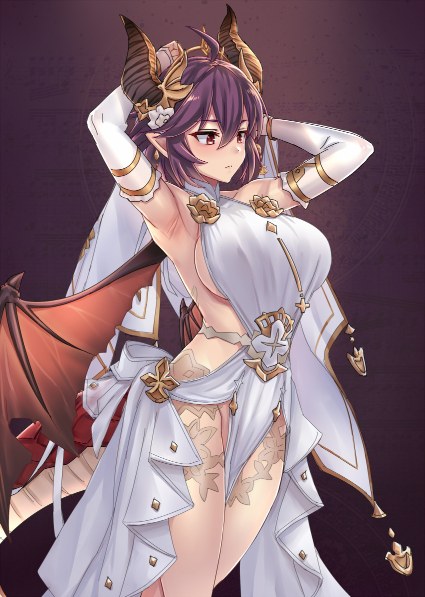 1girl armpits arms_up bangs bare_shoulders blush breasts closed_mouth commentary_request detached_sleeves dragon_girl dragon_tail dragon_wings dress granblue_fantasy grea_(shingeki_no_bahamut) highres large_breasts long_sleeves minarai pointy_ears purple_background purple_hair red_eyes short_hair sideboob solo standing tail thighs white_dress wings