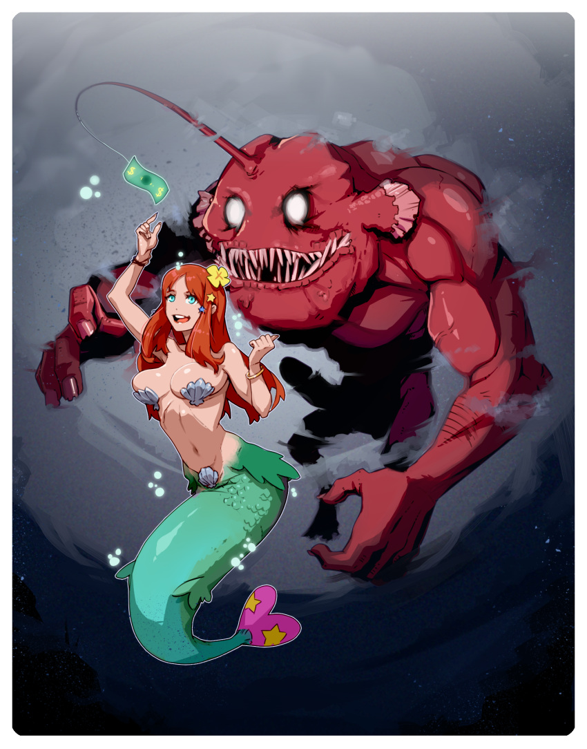 1boy 1girl :d anglerfish bait blue_eyes border bracelet breasts commentary dot_nose flower hair_flower hair_ornament hand_up highres imminent_rape jewelry large_breasts large_penis long_hair materclaws mermaid money monster monster_girl navel open_mouth orange_hair original parody penis penis_shadow shell shell_bikini size_difference smile teeth underwater upper_teeth when_you_see_it white_border yellow_flower you_gonna_get_raped