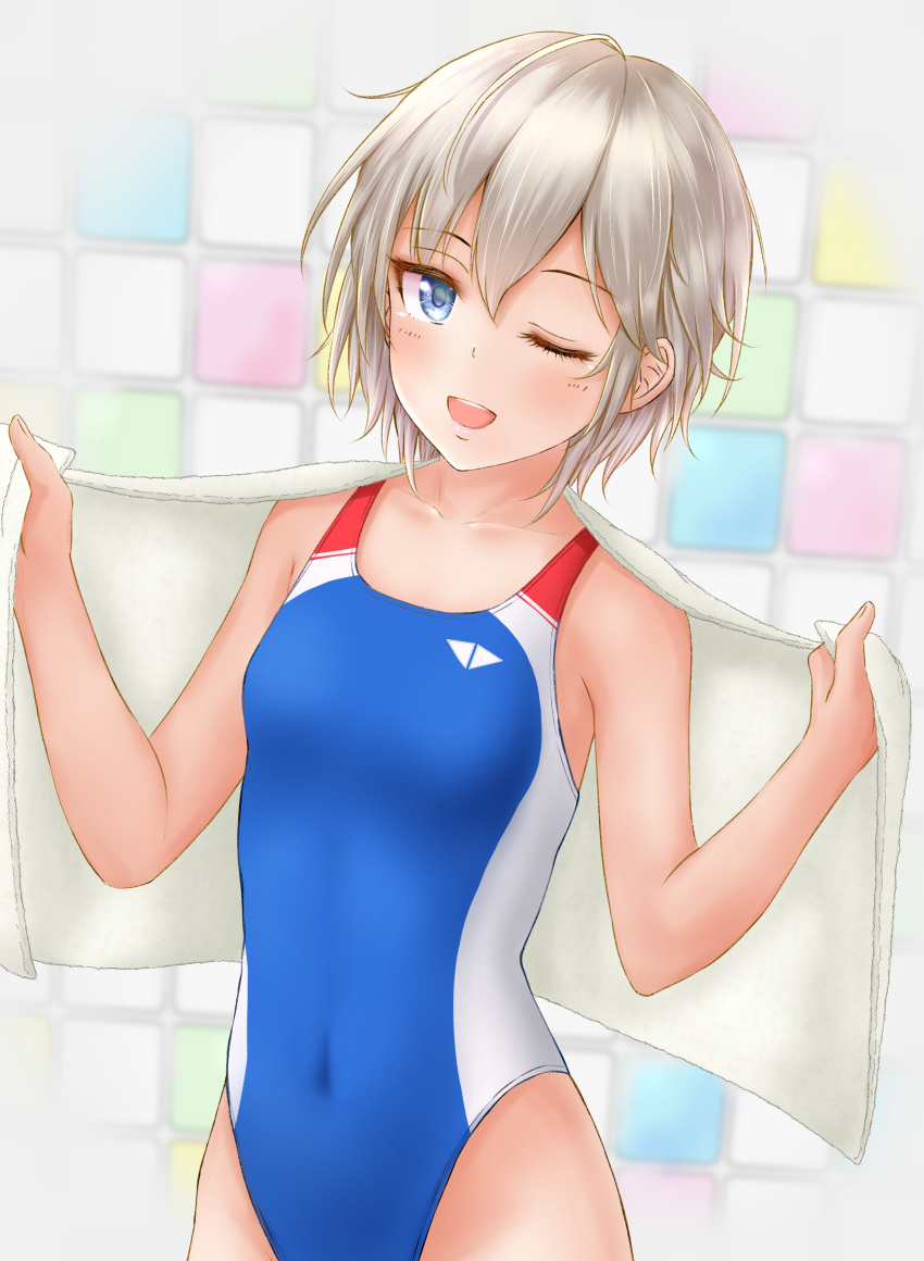 1girl absurdres anastasia_(idolmaster) blue_eyes blue_swimsuit breasts ca_paria commentary_request competition_swimsuit covered_navel cowboy_shot highres idolmaster idolmaster_cinderella_girls looking_at_viewer one-piece_swimsuit one_eye_closed open_mouth short_hair silver_hair small_breasts smile solo swimsuit teeth tile_wall tiles towel upper_teeth