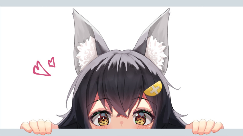 1girl absurdres animal_ear_fluff animal_ears bangs black_hair blush crossed_bangs eyebrows_visible_through_hair hair_ornament hairclip hands_up heart highres hololive long_hair looking_at_viewer ookami_mio peeking_out portrait sidelocks solo starkamisan virtual_youtuber white_background wolf_ears wolf_girl