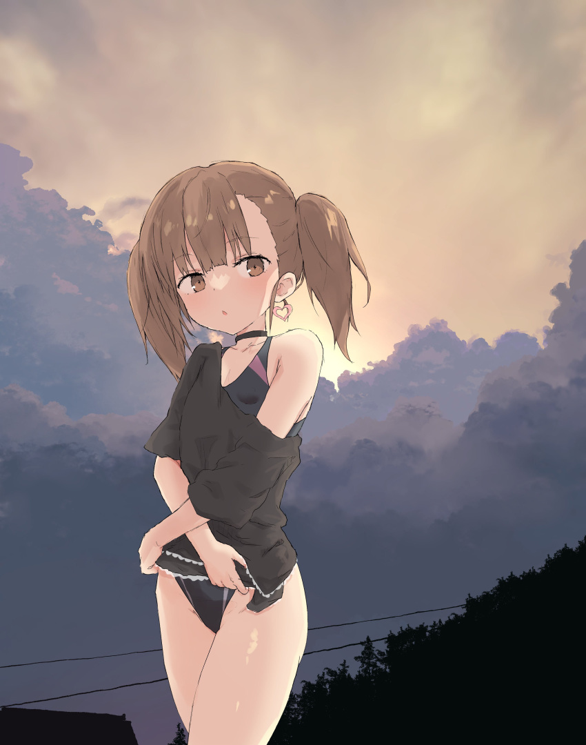 1girl :o absurdres bangs black_choker black_shirt black_swimsuit blunt_bangs breasts brown_eyes brown_hair choker cloud competition_swimsuit earrings eyebrows_visible_through_hair heart heart_earrings highres jewelry looking_at_viewer one-piece_swimsuit original outdoors renga_(yakihebi) shirt short_hair sky small_breasts solo standing sunset swimsuit swimsuit_under_clothes symbol-only_commentary thighs twintails undressing yakihebi