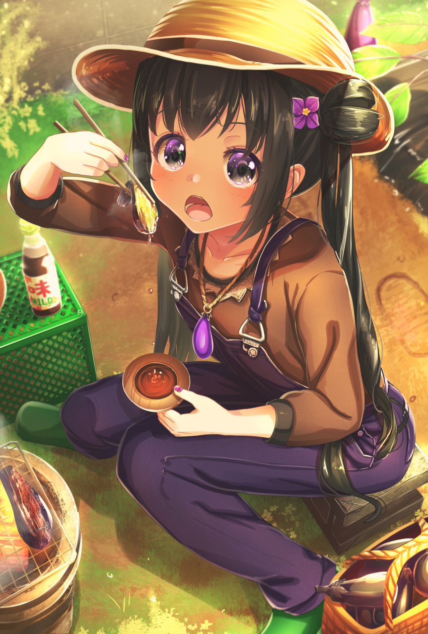 1girl :o abo_(kawatasyunnnosukesabu) black_hair boots brown_shirt chopsticks collarbone cooking eating eggplant eyebrows_visible_through_hair garden green_footwear grilling hair_bun hat highres long_hair long_sleeves looking_at_viewer nail_polish open_mouth original outdoors overalls purple_eyes purple_nails shirt sidelocks sitting solo straw_hat teeth twintails