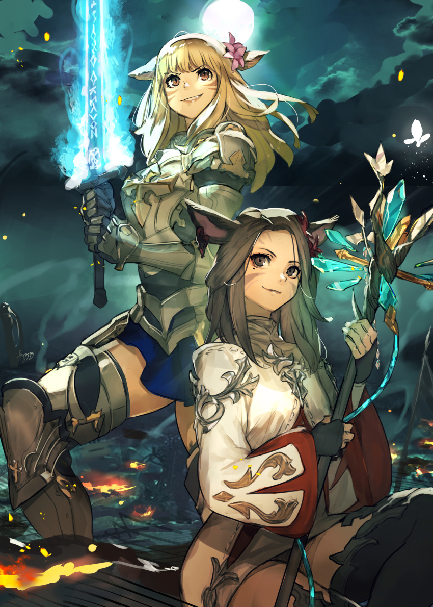 2girls absurdres animal_ears armor armored_boots avatar_(ffxiv) bangs battlefield blonde_hair boots breastplate brown_eyes brown_hair cat_ears commentary_request commission earrings facial_mark final_fantasy final_fantasy_xiv flower full_moon gauntlets hair_flower hair_ornament hide_(hideout) highres holding holding_staff holding_sword holding_weapon jewelry long_hair looking_at_viewer miqo'te moon multiple_girls night paladin_(final_fantasy) shoulder_armor sitting skeb_commission smile staff sword thighhighs weapon whisker_markings white_mage
