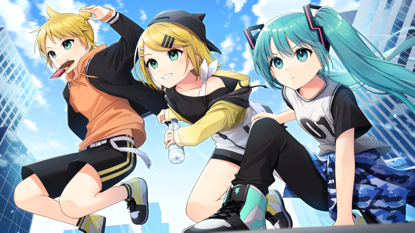 1boy 2girls belt black_headwear black_jacket black_pants black_shorts blonde_hair blue_eyes blue_hair blue_sky bottle candy chocolate chocolate_bar closed_mouth commentary day food food_in_mouth green_eyes grin hair_ornament hairclip hat hatsune_miku holding holding_bottle hood hood_down hoodie jacket jersey kagamine_len kagamine_rin konogi_nogi mouth_hold multiple_girls open_clothes open_jacket orange_hoodie outdoors pants shirt shoes shorts sky smile topknot twintails vocaloid water_bottle white_belt white_shirt