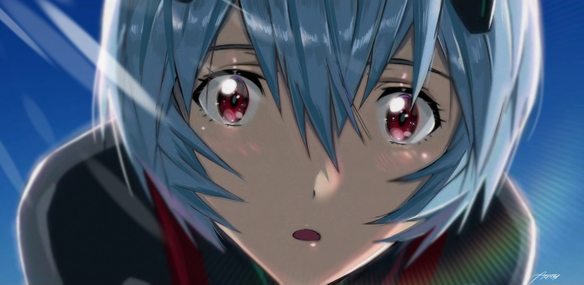 1girl ayanami_rei bangs blue_eyes blue_hair blue_sky chromatic_aberration commentary_request evangelion:_3.0+1.0_thrice_upon_a_time hair_between_eyes highres interface_headset looking_at_viewer neon_genesis_evangelion plugsuit rebuild_of_evangelion red_hair sky solo upper_body verse