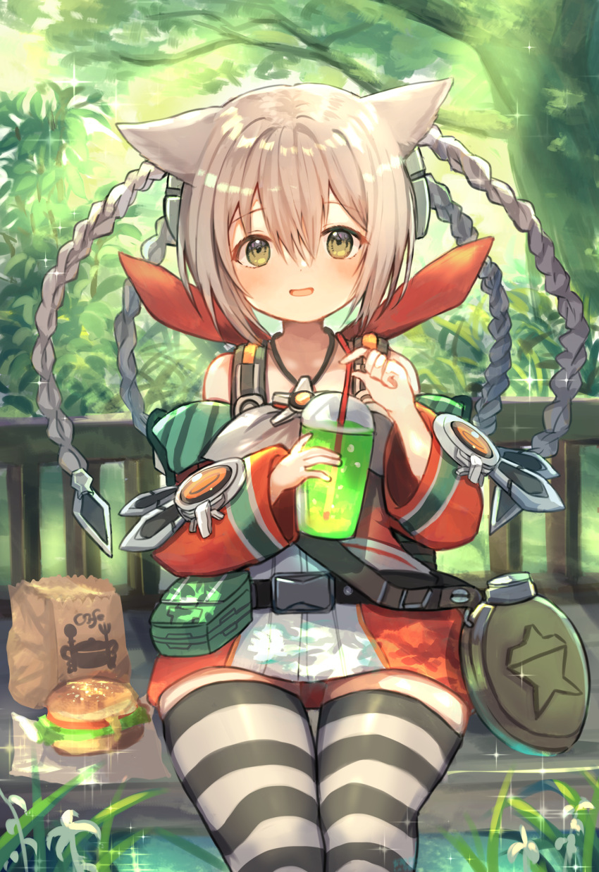 1girl :d animal_ears bad_id bad_pixiv_id bag bangs belt bench bottle braid brown_eyes burger character_request commentary_request cup disposable_cup drink drinking_straw eyebrows_visible_through_hair food hair_between_eyes hair_ornament highres horizontal_stripes long_hair looking_at_viewer marekamico meat multiple_braids open_mouth paper_bag park_bench phantasy_star phantasy_star_online_2 seiza sidelocks silver_hair sitting smile solo striped striped_legwear thighhighs water_bottle zettai_ryouiki