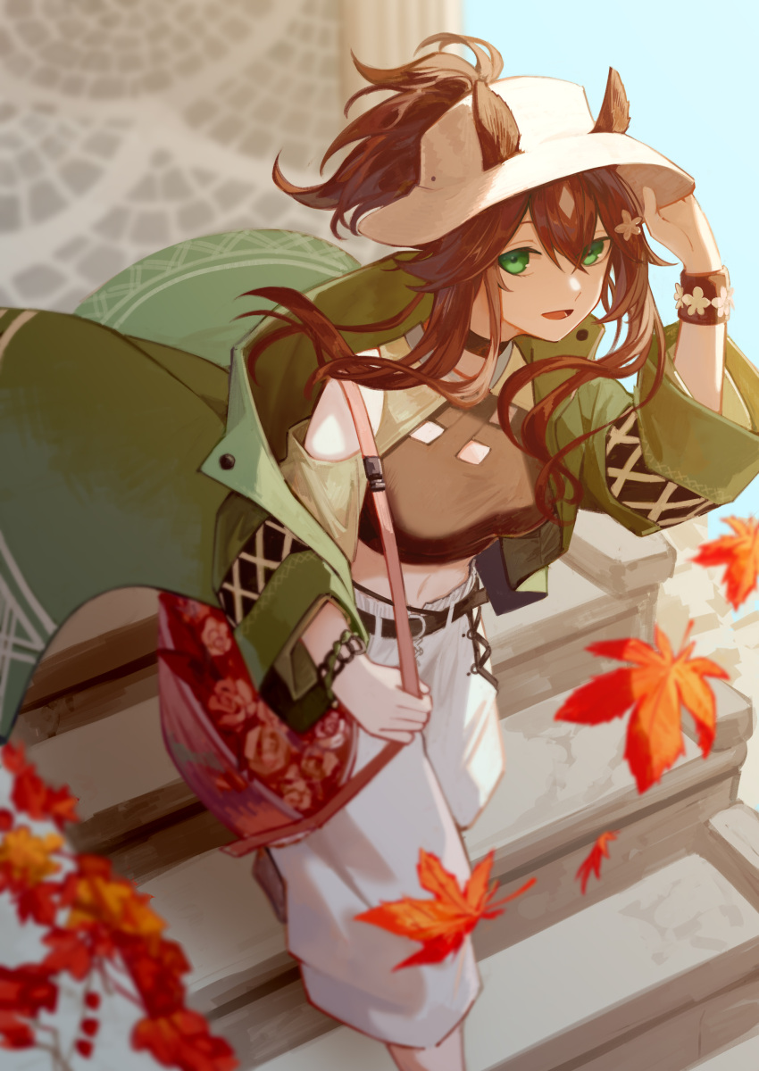 1girl absurdres animal_ears arknights autumn_leaves bag bangs belt black_belt black_choker black_shirt choker commentary cow_ears cropped_shirt ears_through_headwear flower green_eyes green_jacket hair_between_eyes hair_flower hair_ornament hair_through_headwear hand_on_headwear handbag hat highres jacket leaf long_hair looking_at_viewer maple_leaf meteor_(arknights) meteor_(bard's_holiday)_(arknights) midriff miike_(992058) navel off_shoulder official_alternate_costume open_clothes open_jacket open_mouth outdoors pants ponytail red_bag shirt solo stairs sun_hat walking white_headwear white_pants wristband