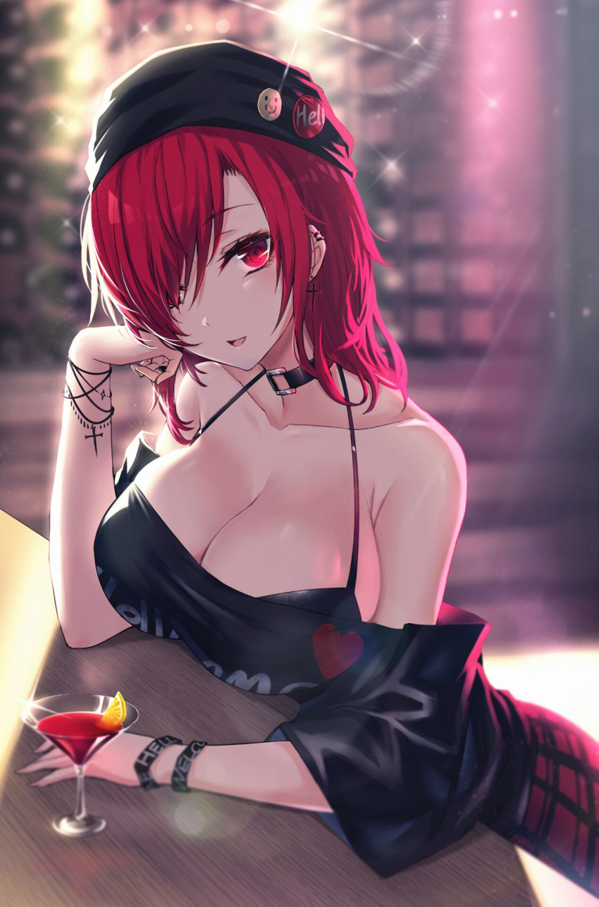 1girl badge bare_shoulders beanie black_choker black_shirt blurry blurry_background bracelet breasts button_badge choker cleavage clothes_writing collarbone cross cross_earrings drink earrings eyebrows_visible_through_hair hair_over_one_eye hat head_rest hecatia_lapislazuli highres jewelry koissa large_breasts long_hair looking_at_viewer off-shoulder_shirt off_shoulder open_mouth plaid plaid_skirt polos_crown red_eyes red_hair ring shirt short_sleeves skirt smile solo t-shirt touhou